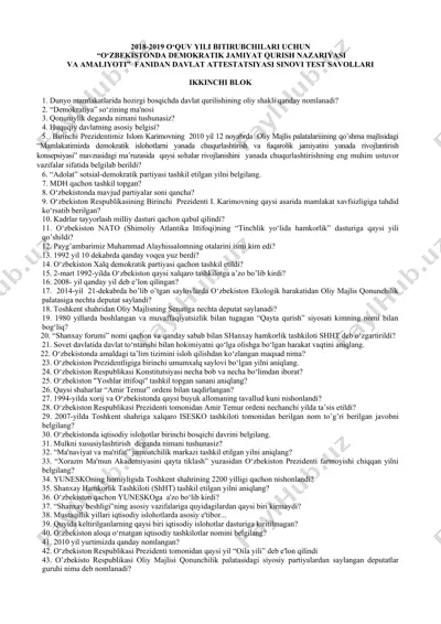 o‘zbekistonda demokratik jamiyat qurish nazariyasi va amaliyoti fani test savollari — DOC