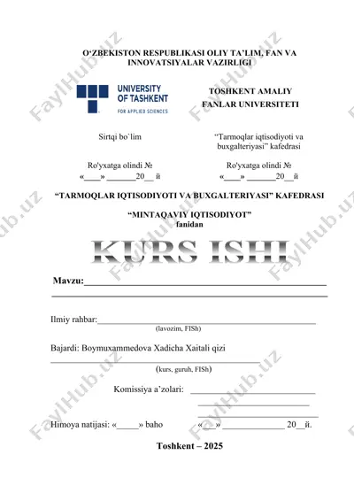 kurs ishi "mintaqaviy iqtisodiyot" fanidan — DOCX
