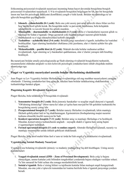 eriksonning psixososial rivojlanish nazariyasi — DOCX