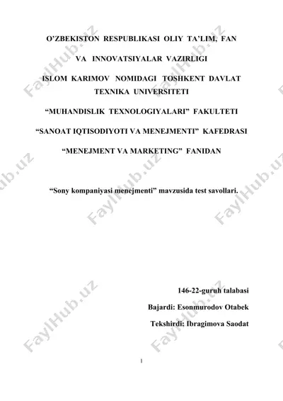 sony kompaniyasi menejmenti test savollari — DOCX