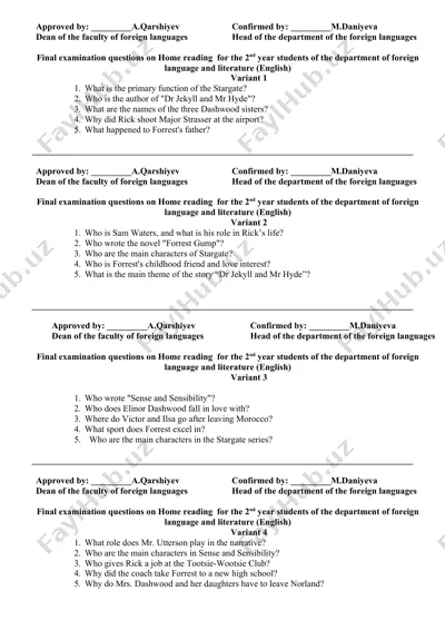 final examination questions on home reading for the 2nd year students of the department of foreign language and literature (english) — DOCX