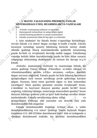 falsafaning predmeti, fanlar sistemasidagi o'rni, muammalari va vazifalari — DOC