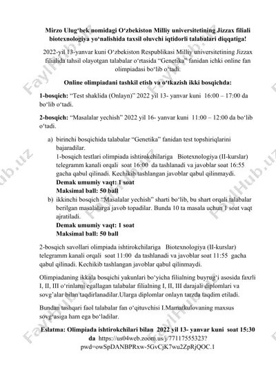 oʻzbekiston respublikasi milliy universitetining jizzax filialida biotexnologiya yo‘nalishida taxsil oluvchi iqtidorli talabalar uchun "genetika" fan olimpiadasi — DOCX