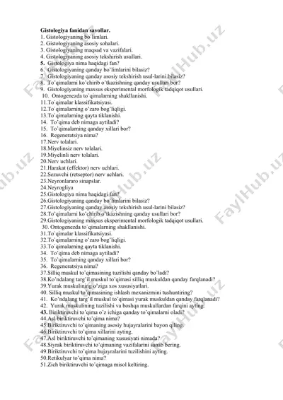 gistologiya fanidan savollar — DOCX