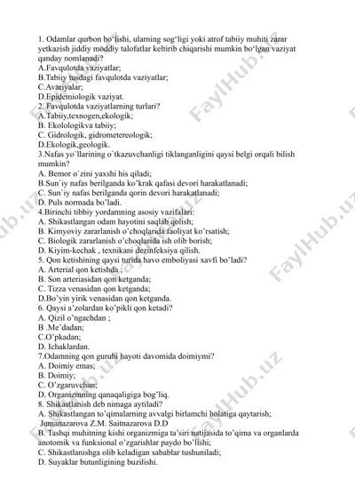 favqulotda vaziyatlar va birinchi tibbiy yordamning asosiy vazifalari — DOCX