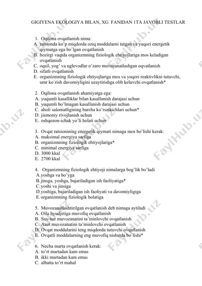 gigiyena ekologiya bilan, xg fanidan 1ta javobli testlar — DOCX