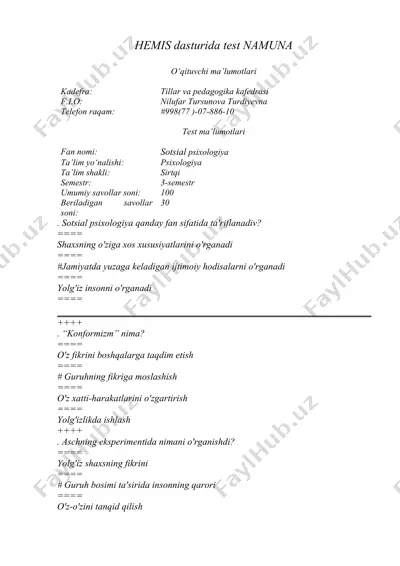 hemis dasturida test namuna — DOCX