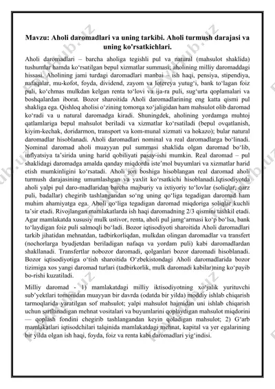 aholi daromadlari va uning tarkibi. aholi turmush darajasi va uning ko'rsatkichlari — DOCX