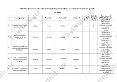 pediatriyada hamshiralik ishi fan bo‘yicha test materiallari — DOCX