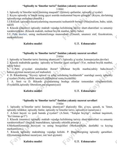 iqtisodiy ta'limotlar tarixi fanidan yakuniy nazorat savollari — DOCX