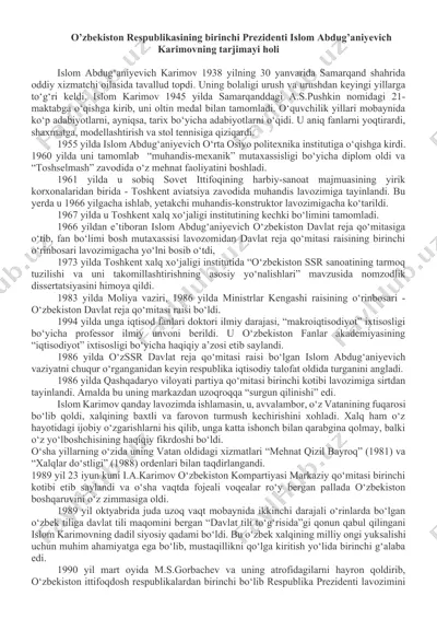 islom abdug'aniyevich karimovning tarjimayi holi — DOCX