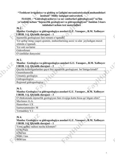 test materiallari "gidrologiya(daryo va suv omborlari gidrologiyasi)" — DOC