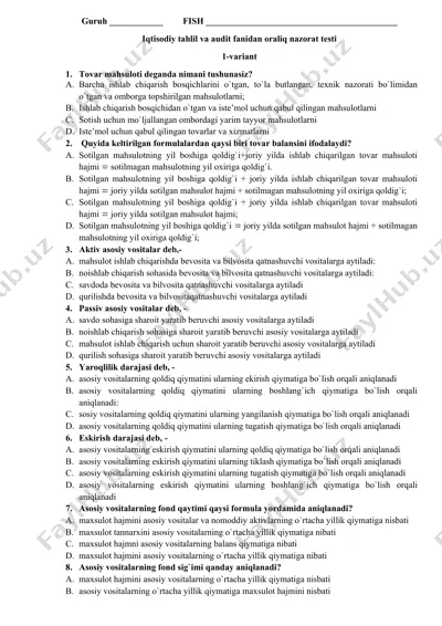 iqtisodiy tahlil va audit fanidan oraliq nazorat testi — DOCX