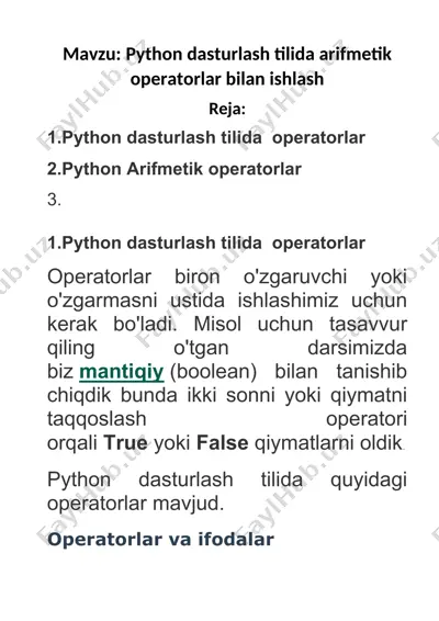 python dasturlash tilida arifmetik operatorlar bilan ishlash — DOCX