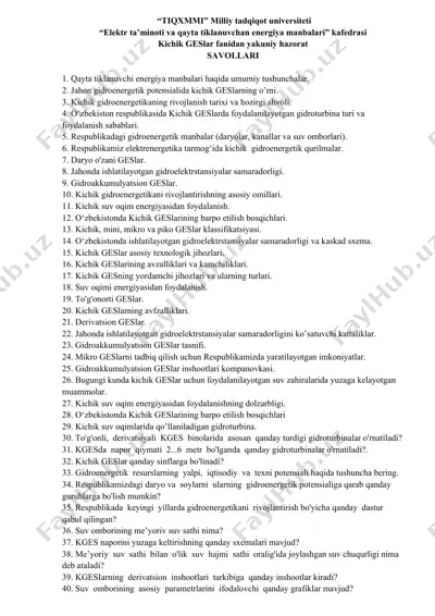 kichik geslar fanidan yakuniy hazorat "tiqxmmi" milliy tadqiqot universiteti — DOCX