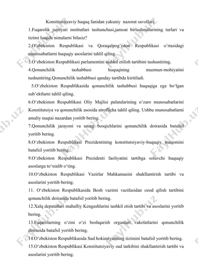 konstitutsiyaviy huquq fanidan yakuniy nazorat savollari — DOC