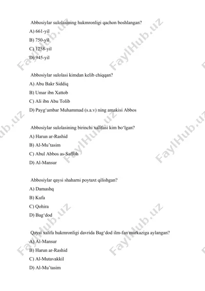 abbosiylar sulolasi haqida test savollari — DOCX