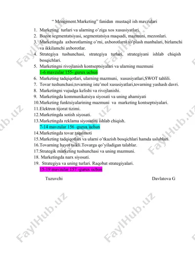 menejment.marketing fanidan mustaqil ish mavzulari — DOCX