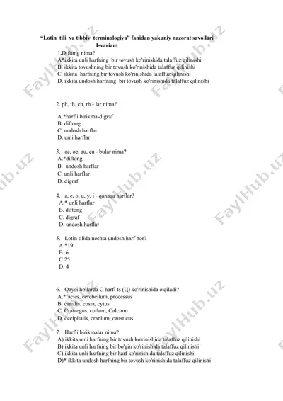 lotin tili va tibbiy terminologiya fanidan yakuniy nazorat savollari — DOCX