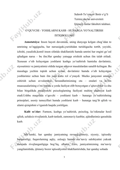 o’quvchi - yoshlarni kasb-hunarga yo’naltirish istiqbollari — DOCX