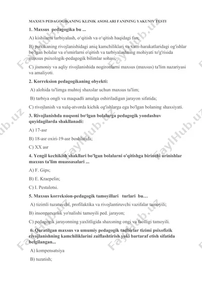 maxsus pedagogikaning klinik asoslari fanining yakuniy testi — DOCX