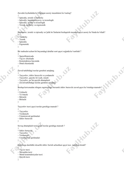 zavod funksionalligini tahlil qilish uchun test topshiriqlari — DOCX