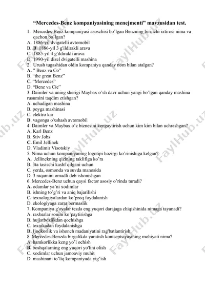mercedes-benz kompaniyasining menejmenti testi — DOCX