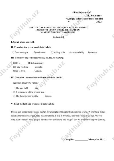 neft va gaz fakulteti i-bosqich talabalarining i-semestri uchun ingliz tili fanidan yakuniy nazorat savollari — DOCX
