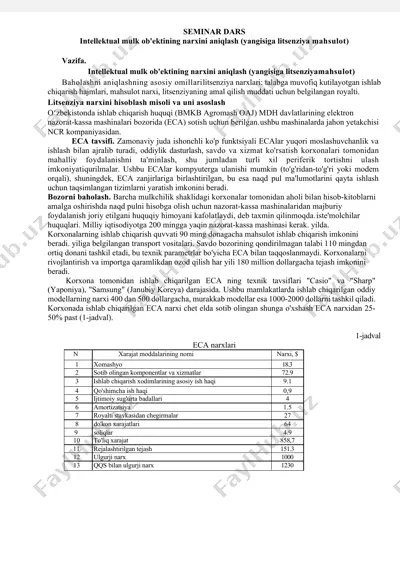 intellektual mulk ob'ektining narxini aniqlash (yangisiga litsenziya mahsulot) — DOCX
