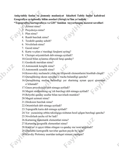 "topografiya kartografioya va gis fanidan nazorat savollari" — DOCX