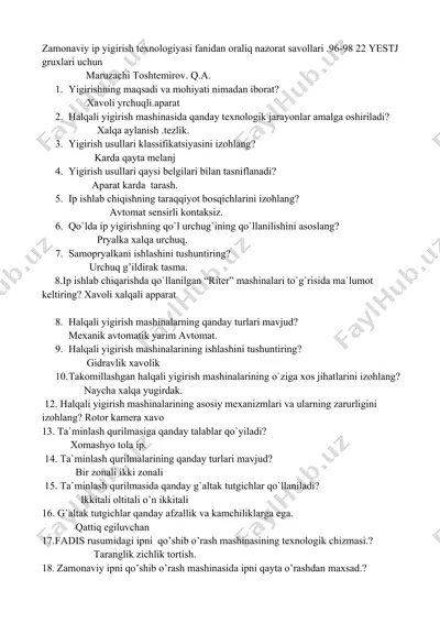 zamonaviy ip yigirish texnologiyasi fanidan savollar — DOCX