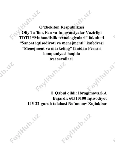 ferrari kompaniyasi test savollari — DOCX