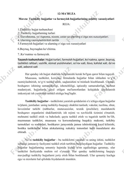 tashkiliy hujjatlar va farmoyish hujjatlarining uslubiy xususiyatlari — DOCX