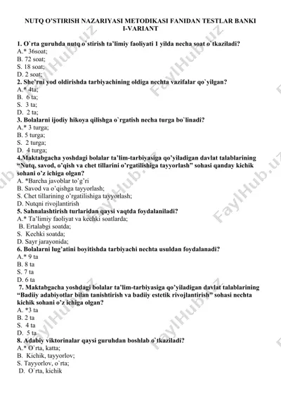 nutq o’stirish nazariyasi metodikasi fanidan testlar banki — DOC