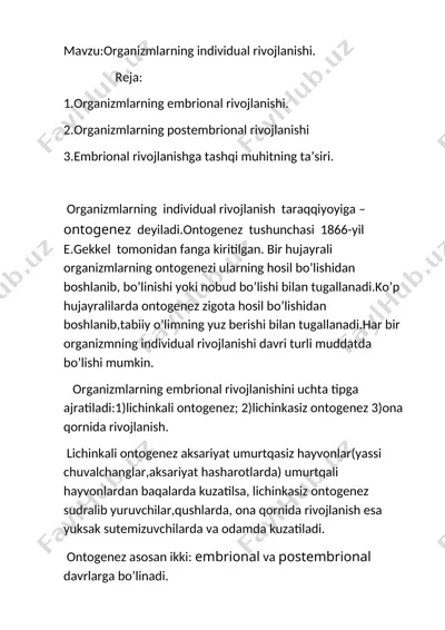 organizmlarning individual rivojlanishi — DOCX