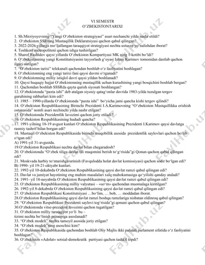 o'zbekiston tarixi vi semestr test savollari — DOCX