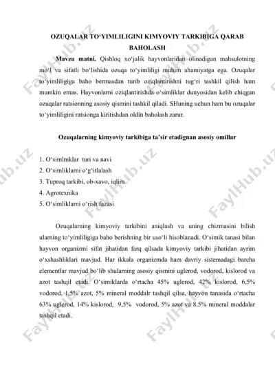 ozuqalar to‘yimliligini kimyoviy tarkibiga qarab baholash — DOCX