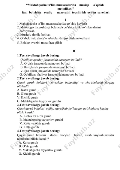 maktabgacha ta'lim muasssalarida musiqa o`qitish metodikasi — DOC