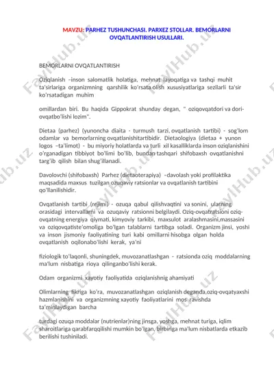parhez tushunchasi. parhez stollar. bemorlarni ovqatlantirish usullari. — DOCX