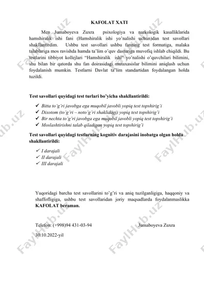 test savollari psixologiyasi va narkologik kasalliklar uchun — DOCX