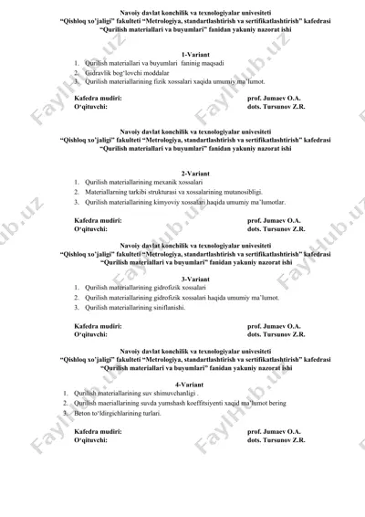 qurilish materiallari va buyumlari fanidan yakuniy nazorat ishi — DOCX