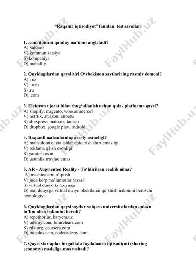 raqamli iqtisodiyot fanidan test savollari — DOCX