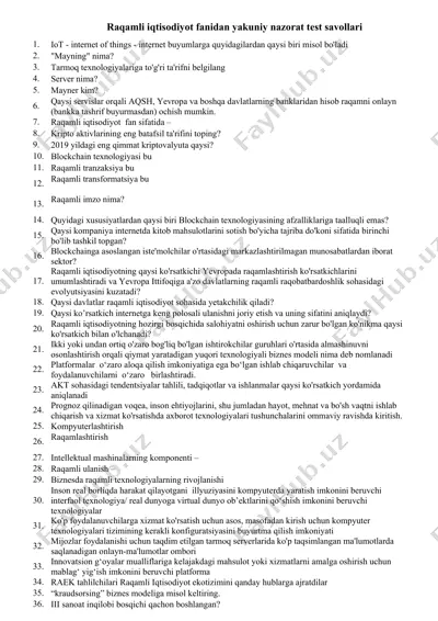 raqamli iqtisodiyot fanidan yakuniy nazorat test savollari — DOCX