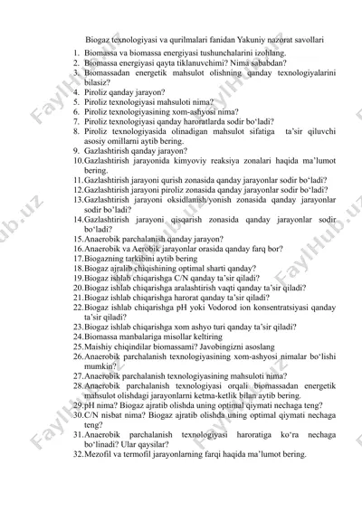 biogaz texnologiyasi va qurilmalari fanidan yakuniy nazorat savollari — DOCX