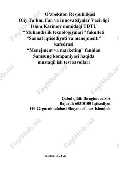 samsung kompaniyasi haqida mustaqil ish test savollari — DOCX