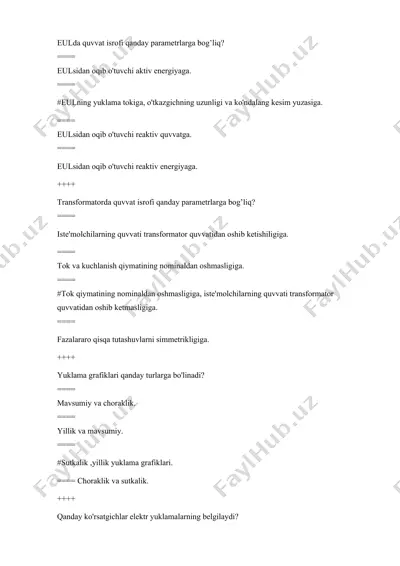 elektr energiya yo'qotish quvvatlarining hisoblanishi — DOCX