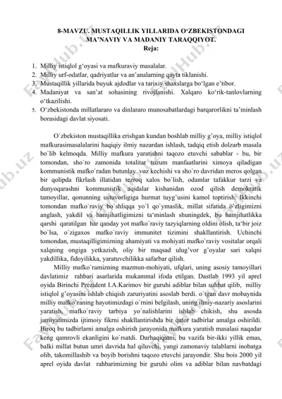 o‘zbekistonning mustaqillik yillarida ma’naviy va madaniy taraqqiyot — DOCX
