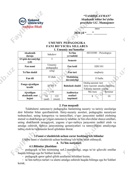 umumiy pedagogika fani bo‘yicha sillabus — DOCX