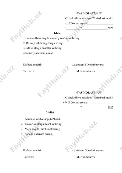 bilet savollar to'plami — DOCX