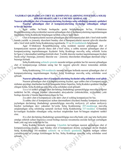 nazorat qilinadigan chet el kompaniyalarining foydasiga soliq solish shartlari va umumiy qoidalari — DOCX